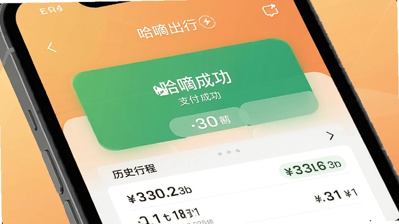 哈嘀出行 支付与行程记录界面图,画面展示手机屏幕上的支付成功页面与历史行程列表,包含金额数字与时间标签,背景为柔和的暖色调渐变,突出便捷与秩序感