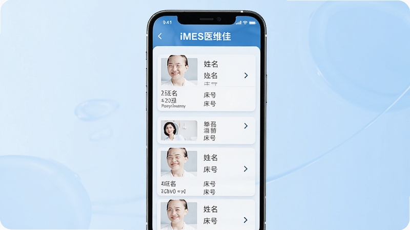 iMES医维佳软件中患者信息管理界面的AI生图,画面展示一部智能手机屏幕,屏幕内呈现整齐的患者卡片列表,每张卡片包含姓名与床号信息,背景为柔和的浅蓝色渐变,整体风格干净专业,突出iMES医维佳的品牌标识