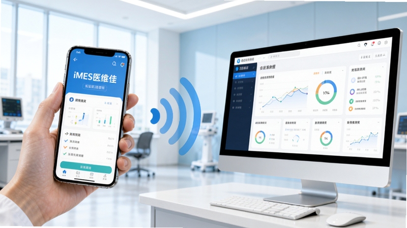 iMES医维佳多设备协同场景的生图,画面左侧为手持智能手机展示应用界面,右侧为桌面电脑屏幕显示同步数据看板,中间以无线信号波纹连接,背景为现代医疗办公环境,整体色调明亮清新