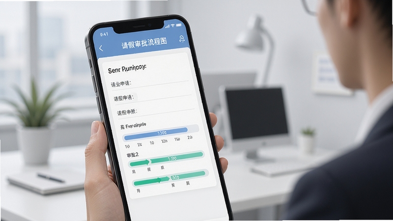 助业员工请假审批流程图,画面以手机界面为主体,展示请假申请表单与审批进度条,背景为柔和浅灰色办公场景,风格简洁商务