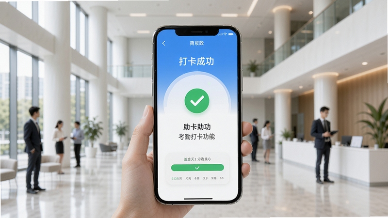 助业员工考勤打卡功能界面,手机屏幕显示打卡成功动画与绿色对勾图标,背景为现代办公楼大厅,画面明亮干净,突出便捷高效的工作氛围