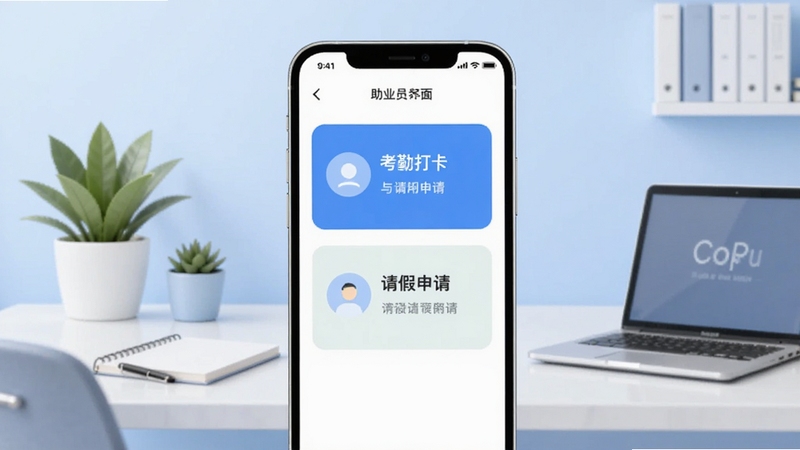助业员工APP主界面展示,画面中央为手机屏幕悬浮展示考勤打卡与请假申请两大功能入口,背景为浅蓝色渐变办公场景,包含办公桌、绿植、笔记本电脑等元素,整体风格清新简洁,适配Boogu模型生成