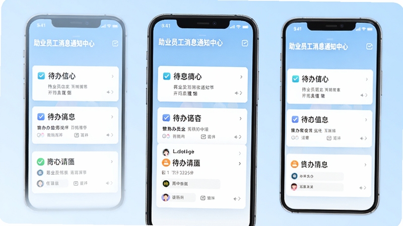 助业员工消息通知中心界面,手机屏幕展示多条待办与公告卡片,背景为淡蓝色渐变,整体风格清爽现代