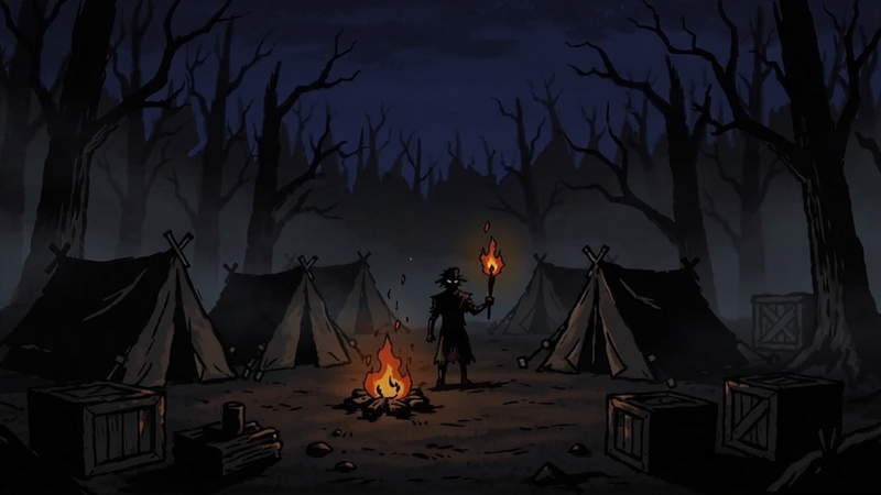 Camp Doom 暗黑营地夜景,篝火旁散落帐篷与木箱,迷雾笼罩树林,手绘暗黑风格,氛围压抑神秘,画面中央主角手持火把,背景为深蓝色夜空与枯树剪影