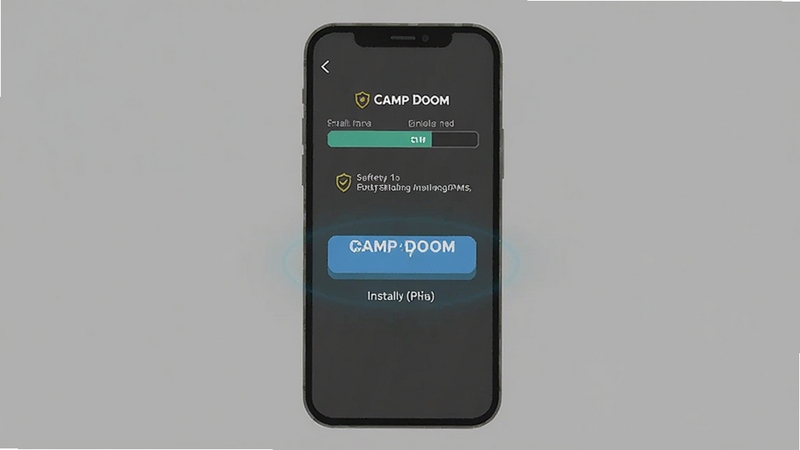 Camp Doom 安装界面示意图,手机屏幕显示安装进度条与安全提示,背景为简洁灰色,画面中央突出安装按钮,风格扁平化