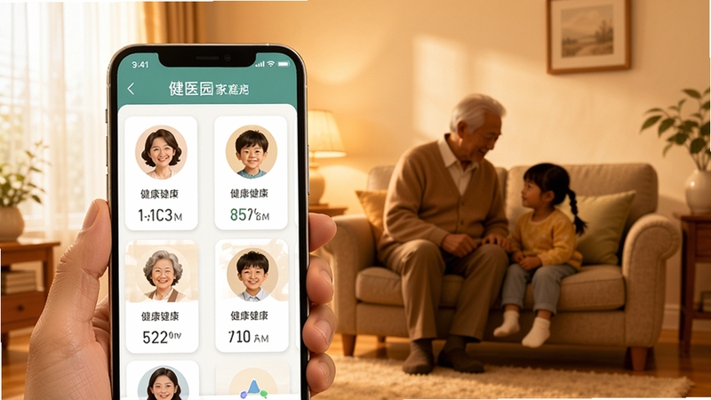 ��ҽ԰��ͥ�����������棬����չʾһ���ֻ���Ļ���ж����ͥ��Աͷ��Ƭ��ÿ�ſ�Ƭ��ʾ��Ҫ�������ݣ�����Ϊ��ͥ���������������˺�С���ļ�Ӱ��ɫ����ů��ͻ����ҽ԰Ӧ�õļ�ͥ�ػ�����