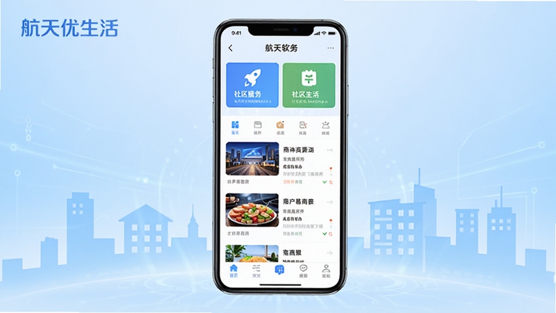 航天优生活软件主界面全貌展示,画面中央为手机屏幕正视图,屏幕内呈现航天优生活应用首页,包含社区服务入口、商家列表与底部导航栏,背景区域为浅蓝色科技感渐变与城市社区剪影,整体风格简洁明亮,突出航天优生活品牌标识