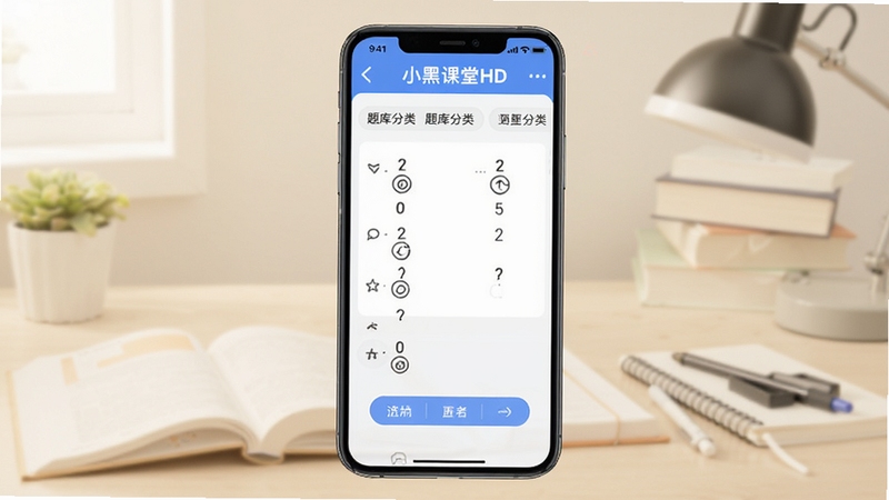 小黑课堂HD手机端题库练习界面预览图,画面中央展示选择题作答区域,背景为浅色学习场景,突出软件名称与题库分类标签