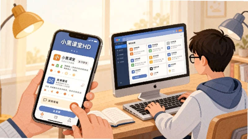 小黑课堂HD学习场景插画,画面展示学生使用手机刷题与电脑端对照学习的场景,突出软件名称与备考氛围