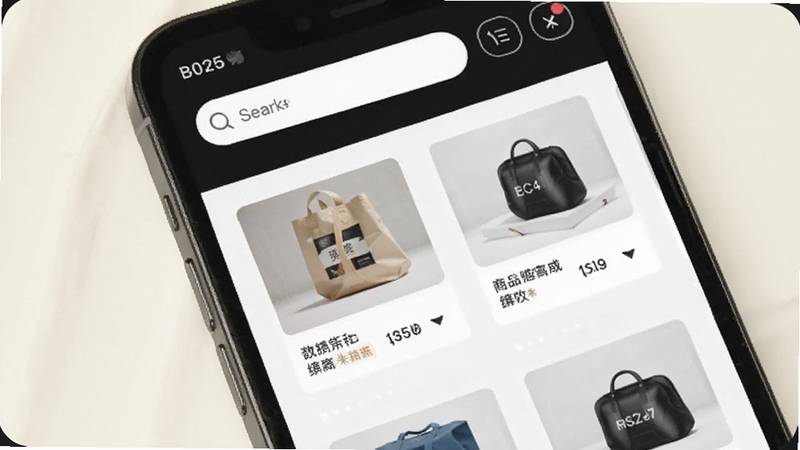 ������Ʒ����������д���������ֻ���Ļ��ʾ����Ӧ�õ���Ʒ�б���ÿ����Ʒ��Ƭ����ͼƬ��۸��ǩ����Ļ�Ϸ�����������ɸѡ��ť������Ϊ��͵��װ�ɫ���������Լ��������Booguģ������