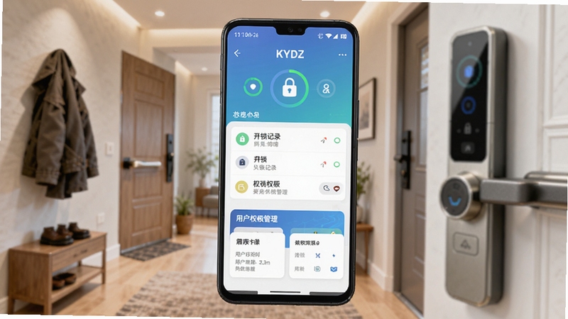 软件名称KYDZ,画面主体为一部安卓手机屏幕居中显示智能门锁管理界面,屏幕内可见门锁状态图标、开锁记录列表与用户权限管理卡片,背景区域为温馨现代家居玄关场景,门锁实物位于画面右侧虚化处理,整体色调明亮清新,科技感与生活感融合,适合作为软件下载页预览图