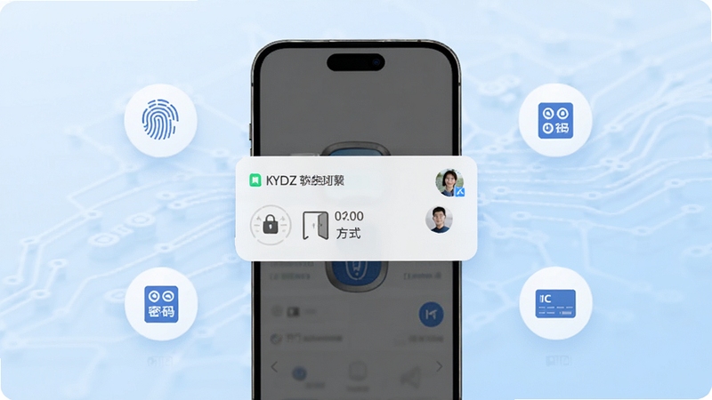 KYDZ软件功能展示图,画面中心为手机界面弹出开门记录通知卡片,卡片上显示时间、开门方式图标与用户头像,背景为淡蓝色渐变科技纹理,周围环绕指纹识别、密码键盘、IC卡片等小图标,整体风格简洁现代,突出实时推送与安全守护概念