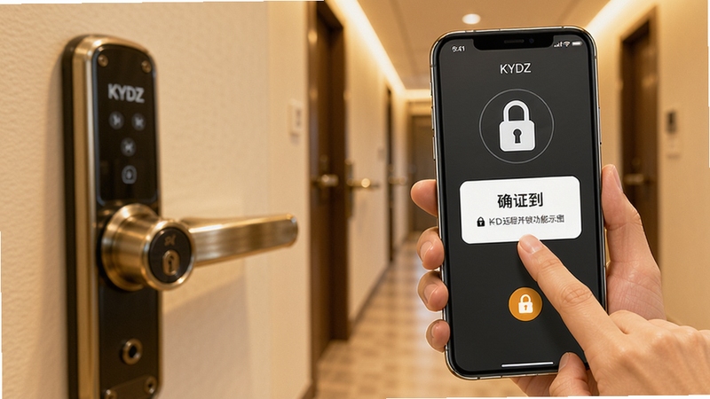 KYDZ远程开锁功能示意图,画面主体为一只手拿着手机点击屏幕上的开锁按钮,手机界面显示门锁图标与确认开锁弹窗,背景为公寓楼道场景,门锁实物在画面左侧虚化,整体色调偏暖,突出便捷与安心感