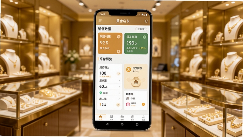 黄金店长 软件主界面功能全貌预览图。画面中心为一部竖屏安卓手机,屏幕显示黄金店长APP的首页看板,包含销售数据卡片、库存概览、员工排班入口等模块。背景为暖金色调的珠宝门店场景,虚化展示柜台与金饰陈列,整体风格商务简洁,光线明亮柔和,突出移动管理工具的便捷感。