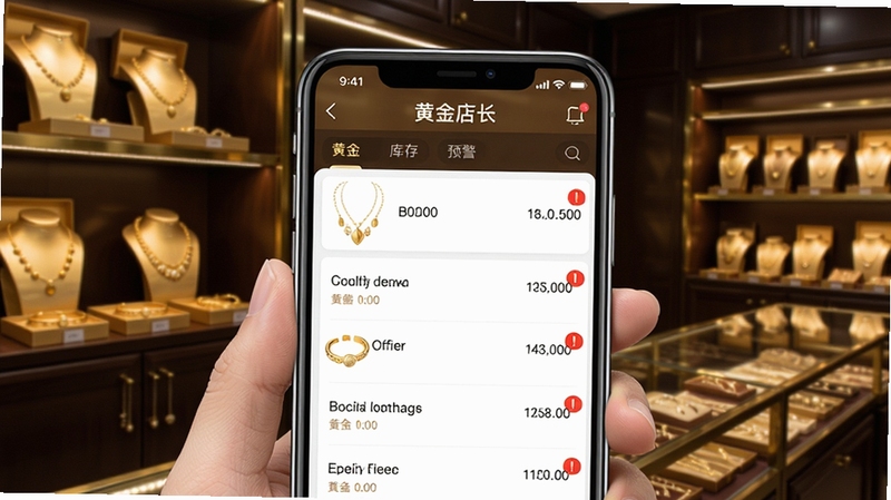 黄金店长 库存盘点功能界面展示图。画面聚焦手机屏幕特写,显示黄金店长APP的库存管理页面,列表呈现金项链、金手镯等商品的库存数量与预警状态,部分条目带有红色提醒标识。背景为珠宝门店仓库货架,整齐摆放首饰盒,色调以金色与深棕为主,突出专业管理氛围。