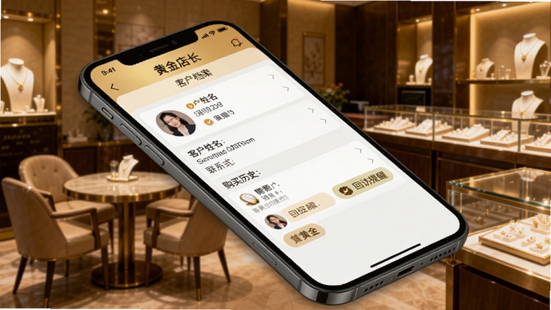 黄金店长 客户管理功能界面展示图。画面为手机屏幕斜视角度,显示黄金店长APP的客户档案页面,包含客户姓名、联系方式、购买历史与回访提醒标签。背景为珠宝门店接待区,有洽谈桌椅与展示柜,暖色灯光营造温馨专业的服务氛围,整体构图突出客户关系管理主题。