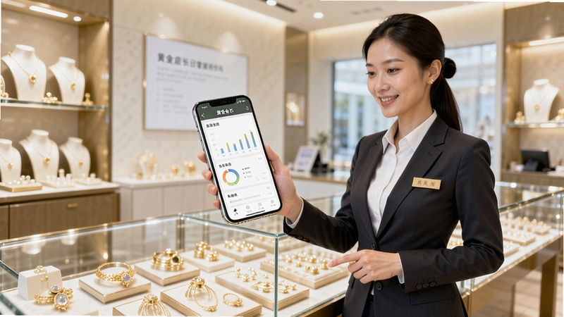 黄金店长 移动端日常管理操作场景图。画面展示一位身着职业装的店长手持手机,站在珠宝柜台前使用黄金店长APP查看销售数据,手机屏幕清晰显示数据图表。背景为明亮整洁的黄金门店,柜台内金饰陈列整齐,整体氛围专业高效,突出移动办公的便捷性与现代感。