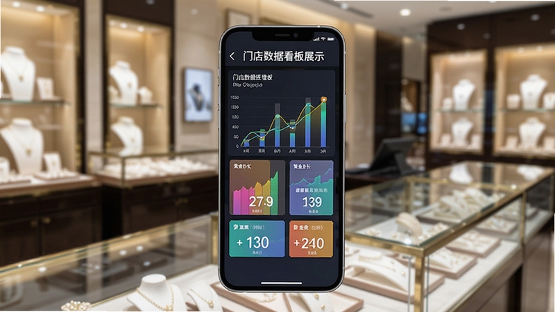 黄金店长门店数据看板功能展示,手机屏幕呈现彩色图表与数字卡片,背景为珠宝店柜台和展示柜,画面明亮清晰,突出数据可视化与商业管理氛围