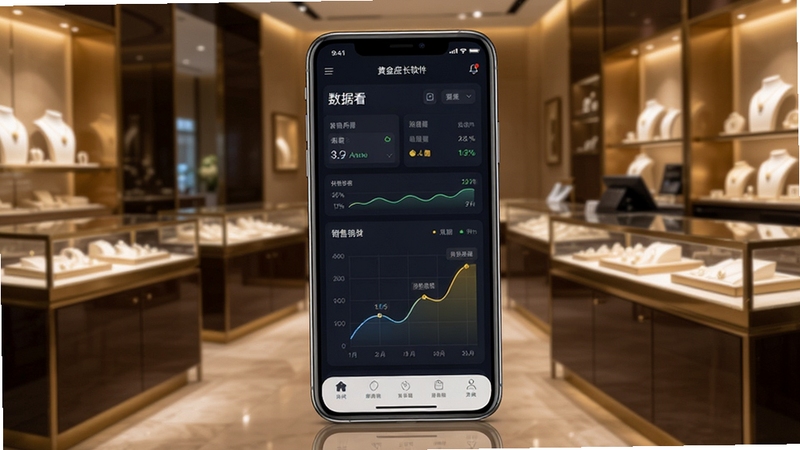 黄金店长软件主界面全貌展示,画面中央放置一部智能手机,屏幕显示门店数据看板与销售曲线,背景为简洁的珠宝柜台与暖色灯光,整体风格现代商务,适配Boogu模型生成
