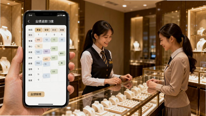 黄金店长员工排班与业绩追踪功能场景,画面展示手机屏幕上的排班表与业绩排行榜,背景为珠宝门店内部环境,人物为店员正在接待顾客,整体色调温暖专业