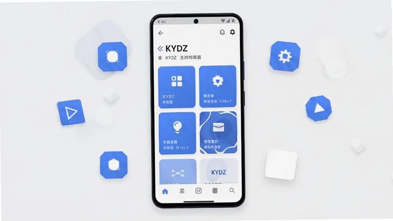整体展示KYDZ软件主界面,画面中心为一部竖屏安卓手机,手机屏幕显示KYDZ首页工具卡片布局,浅色背景,简洁扁平化风格,周围漂浮少量几何图标点缀,主色调蓝白,高清渲染,适配Boogu模型生成