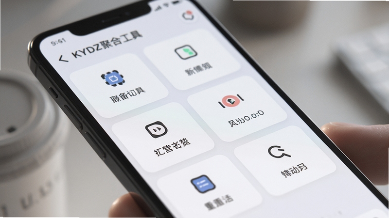 KYDZ聚合工具面板界面特写,手机屏幕展示多个功能卡片整齐排列,卡片带有简洁图标,画面采用柔和光影,背景虚化,突出界面层次感,风格现代清爽