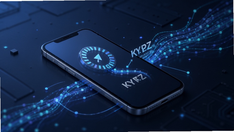 KYDZ轻量运行概念图,画面主体为一部手机与流动的数据线条,表现流畅与低占用,整体色调偏冷,科技感与简洁感并存,适合作为软件功能配图