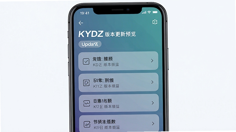 KYDZ版本更新页面预览图,手机屏幕展示更新日志列表,界面简洁,背景带有轻微渐变,突出文字信息层级,整体风格统一