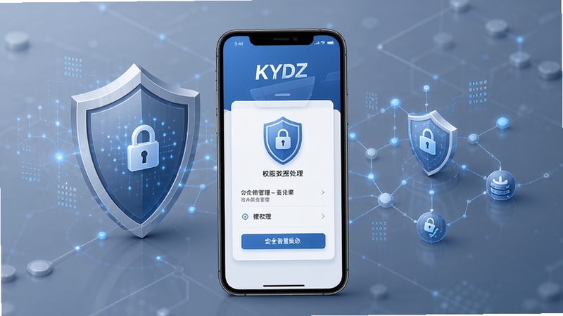 KYDZ本地数据处理示意图,手机屏幕显示权限管理界面,背景为盾牌与数据节点元素,蓝灰色调,强调安全与可控,画面干净利落