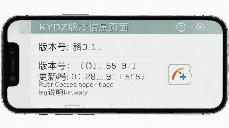 KYDZ版本信息页面示意图,手机屏幕显示关于界面,包含版本号与更新说明,背景简洁,突出文字信息,整体风格统一