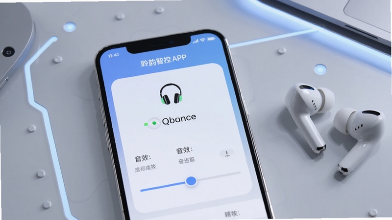 画面中央放置一部智能手机,屏幕上显示聆韵智控APP的主控制界面,界面中有耳机连接状态与音效调节滑块。背景为浅灰色科技感桌面,桌面右侧摆放一副白色入耳式无线耳机。整体光线柔和明亮,构图简洁,突出软件与耳机的联动关系,适合下载站配图使用。