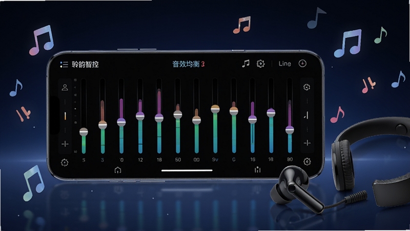 画面中一部手机横屏展示聆韵智控的音效均衡器界面,多条彩色频段滑块高低错落,背景为深蓝色渐变。手机旁边散落着几颗音符图标与一副黑色无线耳机,整体风格动感现代,突出音效自定义功能。