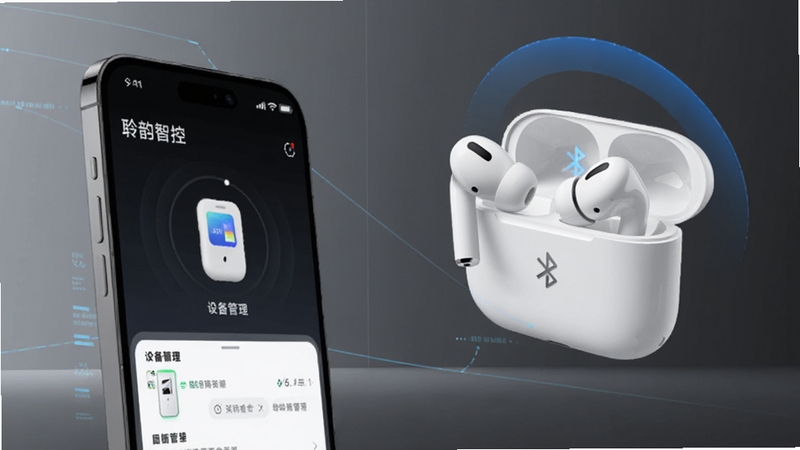一部手机置于画面左侧,屏幕显示聆韵智控设备管理页面,右侧悬浮展示一只白色无线耳机与充电仓,耳机旁有蓝色光弧表示蓝牙连接成功。背景为深灰色极简空间,点缀淡蓝色数据线条,画面强调设备连接与电量可视化。