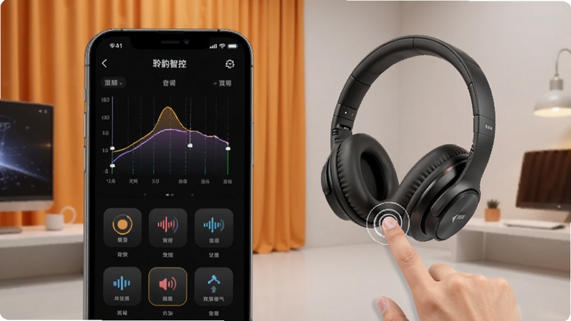 画面呈现聆韵智控APP的音效调节界面,手机屏幕上有均衡器曲线与多种音效模式图标,旁边悬浮展示一只耳机和手指点击触控区域的示意手势。背景为暖橙色与浅灰拼接的现代风格空间,氛围轻松,突出个性化音效设置。