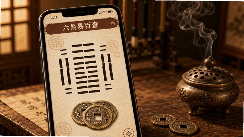 易百查六爻排盘功能界面,画面展示手机屏幕上的六爻卦象与铜钱图案,背景为古风案桌与香炉轻烟,整体色调温暖古朴,体现易百查六爻占卜功能的传统韵味与实用价值