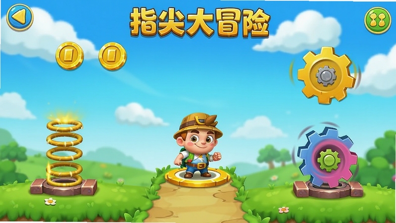 指尖大冒险游戏主界面全景,画面中央展示卡通角色站在色彩明快的冒险关卡起点,背景是蓝天白云与绿色草地,四周散布着金币、弹簧与旋转齿轮机关,整体风格为清新卡通渲染,适合手机游戏宣传图