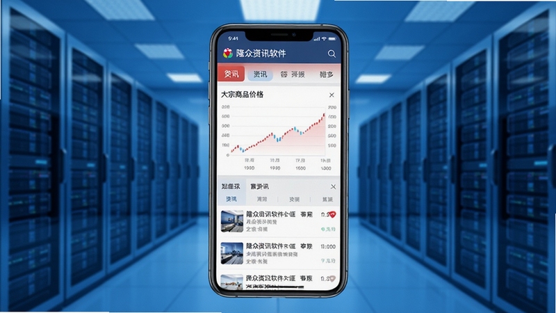 隆众资讯软件主界面全貌展示,画面中央为手机屏幕显示大宗商品价格走势图与资讯列表,背景为现代化数据中心蓝色调,整体风格专业简洁,适配Boogu模型生成