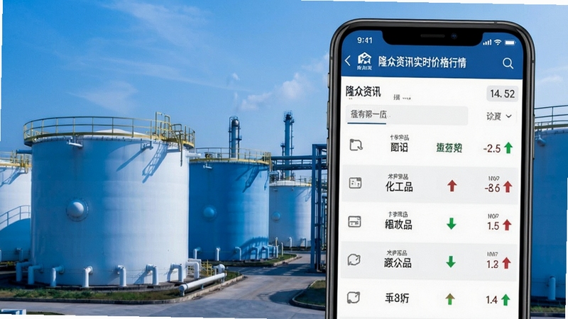 隆众资讯实时价格行情页面截图,手机屏幕显示多种化工品报价列表与涨跌箭头,背景为工厂储罐区实景,色调以蓝白为主,突出数据专业感