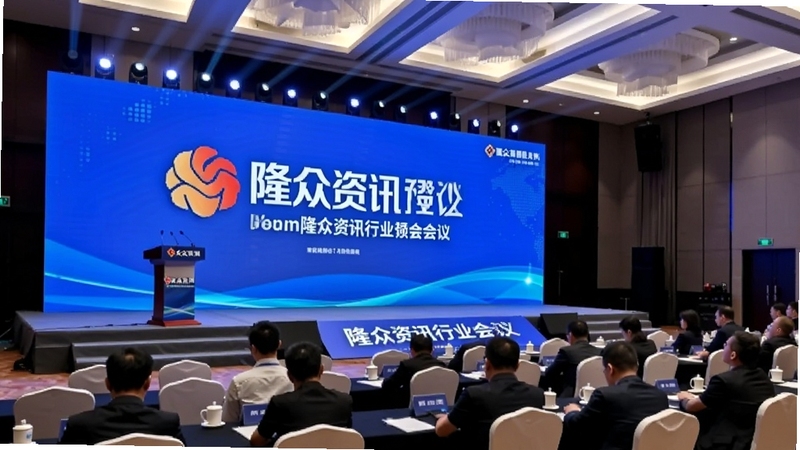 隆众资讯行业会议现场展示,画面为大型会议室舞台与参会人员,屏幕显示隆众资讯LOGO与会议主题,氛围正式专业