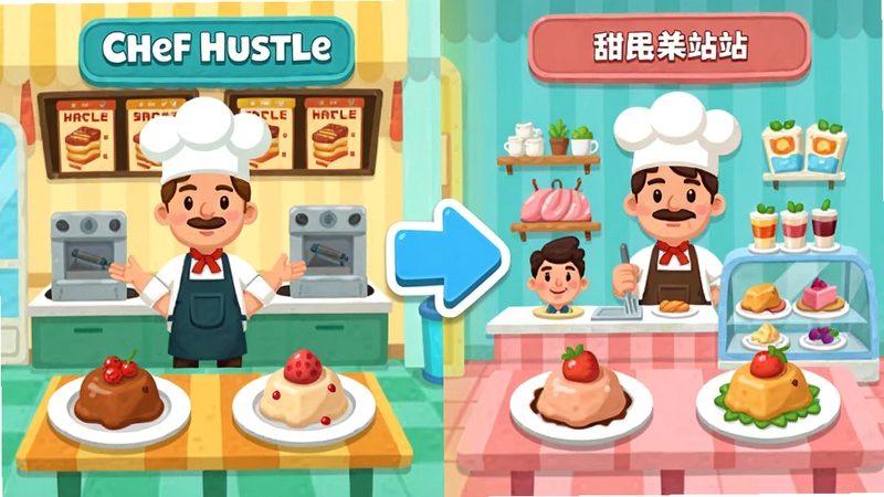 Chef Hustle �ೡ�������л����棬��������ǿ�͵곡�����Ҳ�����Ʒվ�������м��ü�ͷ���ӣ�ÿ�������ڶ��ж�Ӧ�ĳ�ʦ����ɫ��Ʒ��������ñ�ƽ����ͨ���ɫ�������������ʺ���Ϊ��Ϸ����չʾͼ