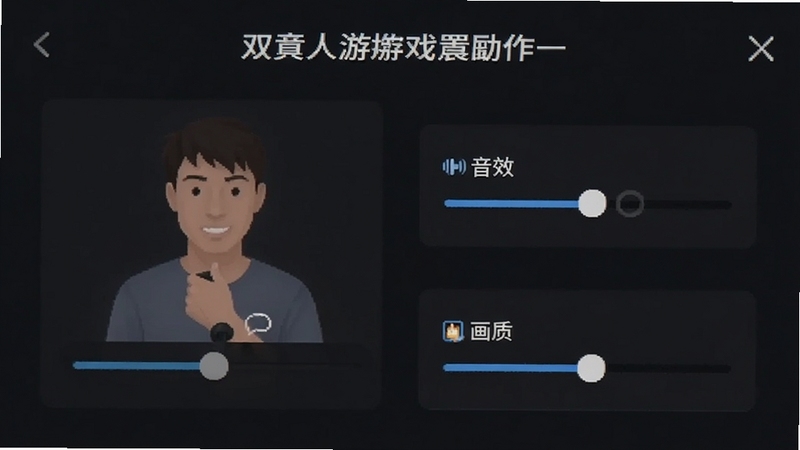 双人游戏设置界面截图,展示音效、震动、画质调节选项,背景为深色主题,界面简洁清晰,突出双人游戏操作设置