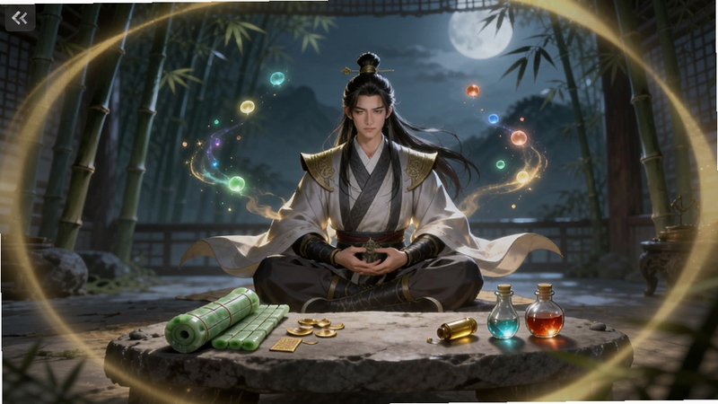 仙途放置离线挂机界面,一位修士盘坐在洞府中,周围漂浮着发光的灵气粒子,石桌上摆放着玉简与丹药,背景是幽静的竹林与月光,画面主体位于中央,四周有淡淡的金色光晕,国风仙侠插画风格