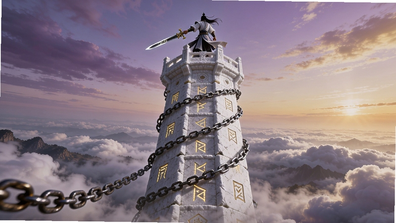 仙途放置天梯挑战场景,一座高耸入云的白色石塔,塔身缠绕着锁链与符文,塔顶站着一位手持长剑的修士,脚下是翻滚的云海,背景为紫金色晚霞,画面主体位于中央偏下,塔身占据纵向空间,国风玄幻风格