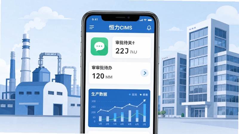 恒力CIMS移动办公主界面 画面中央展示一部智能手机 屏幕内呈现恒力CIMS应用首页 包含即时通讯图标 审批待办卡片 生产数据图表 背景为现代化工厂与办公大楼融合场景 蓝白科技色调 简洁扁平化风格 高清晰度 适合软件下载站展示
