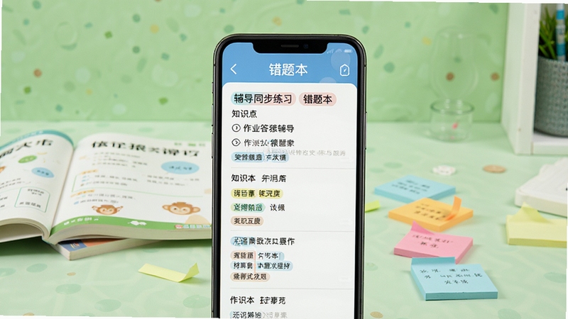 作业答题猿辅导同步练习与错题本界面展示,画面主体为手机屏幕中错题本列表与知识点标签,背景区域为浅绿色学习环境,桌面散落几本练习册和彩色便签,整体氛围轻松有序