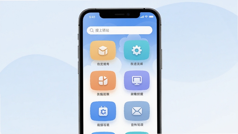 一款名为云上驿站的手机应用界面展示,画面主体位于屏幕中央,背景为柔和的蓝白渐变色调,屏幕中显示功能图标网格与顶部的搜索栏,整体风格简洁现代,适合软件下载站展示图