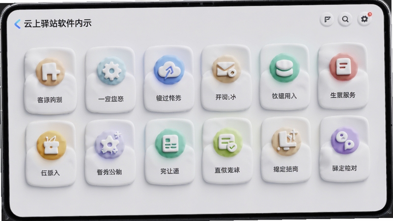 云上驿站软件内页展示,画面中心为整齐排列的功能图标卡片,背景为浅灰色,图标带有微立体质感,光线柔和,体现聚合式服务面板的便捷性