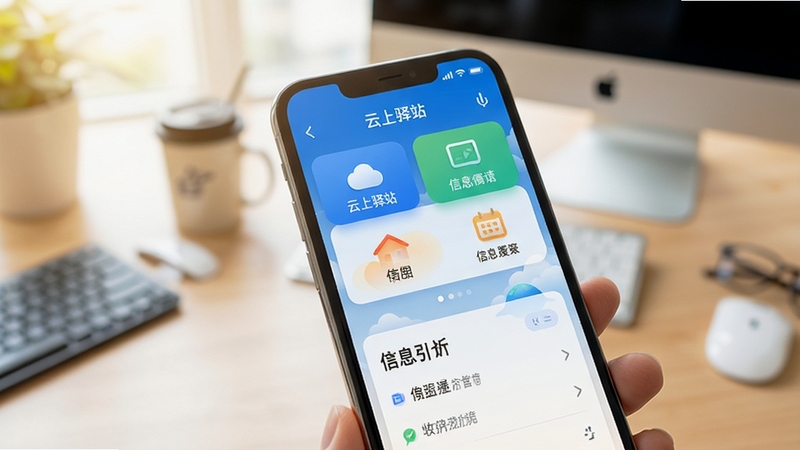 云上驿站功能操作界面,画面主体为手机屏幕特写,屏幕上显示快捷按钮与信息卡片,背景为虚化的桌面环境,光线明亮,突出快捷操作与信息展示的流畅感