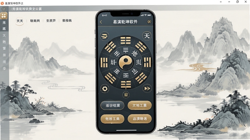 易演乾坤软件主界面全貌展示,画面中央为手机屏幕,屏幕内呈现精致的排盘工具界面,包含八卦符号、天干地支罗盘与功能按钮,背景为淡雅水墨山水风格,整体色调以青灰与暖金为主,适配Boogu模型生成