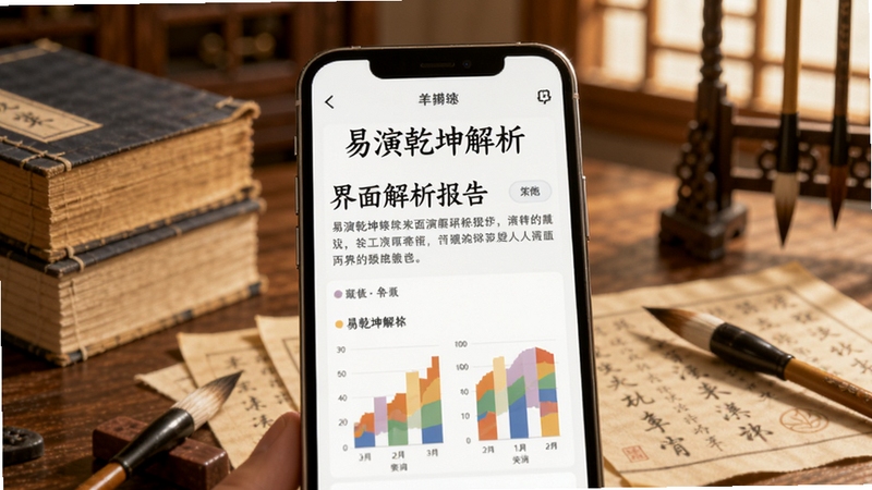 易演乾坤解析界面预览,画面主体为手机屏幕特写,屏幕内显示清晰的文字解析报告与彩色图表,背景为柔和的书房场景,有古籍与毛笔点缀,光线温暖柔和,突出阅读与学习的氛围,适配Boogu模型生成